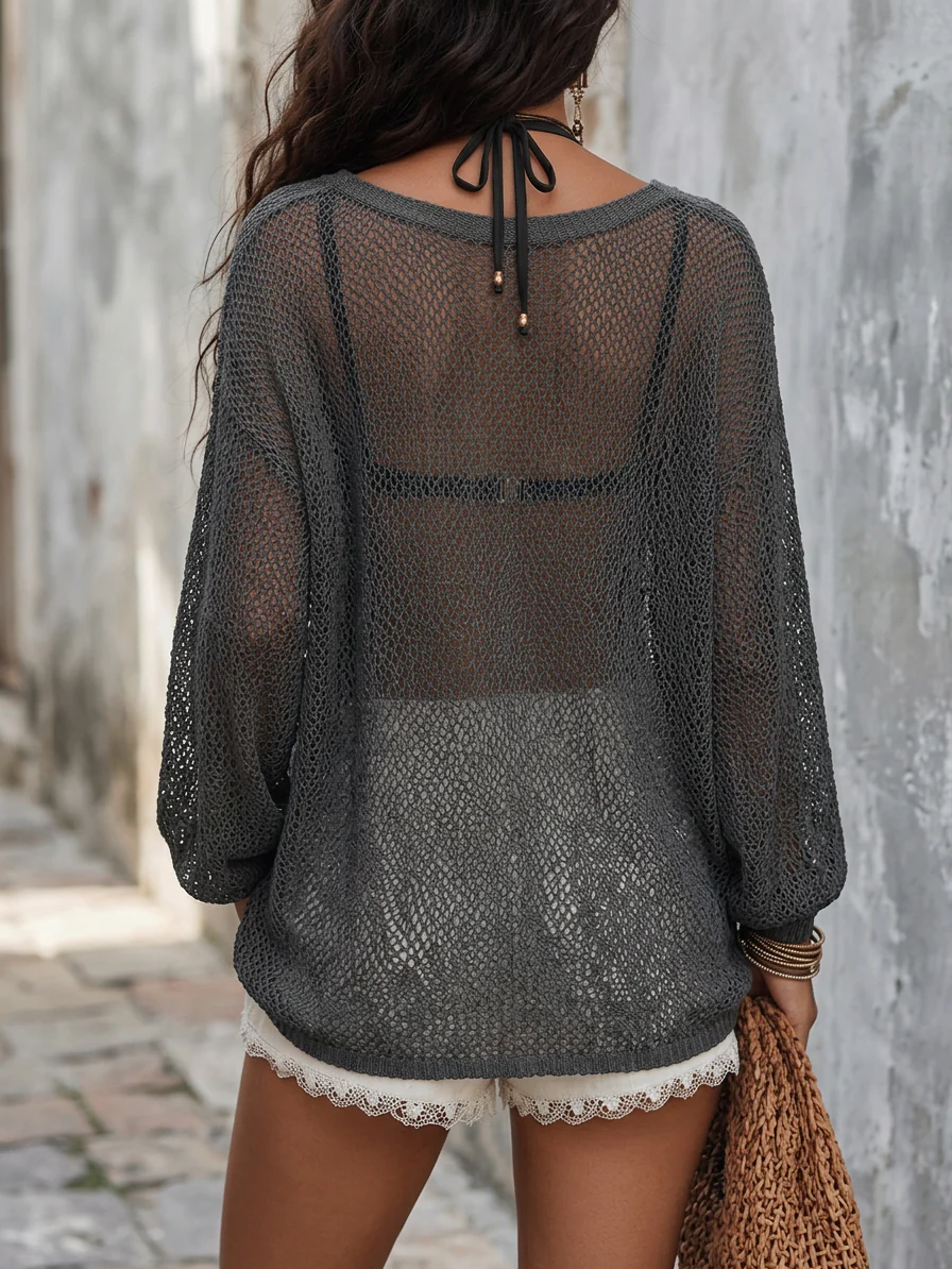 Elegant Lightweight Vacation Smoke Grey Knit Blouse - Image 4