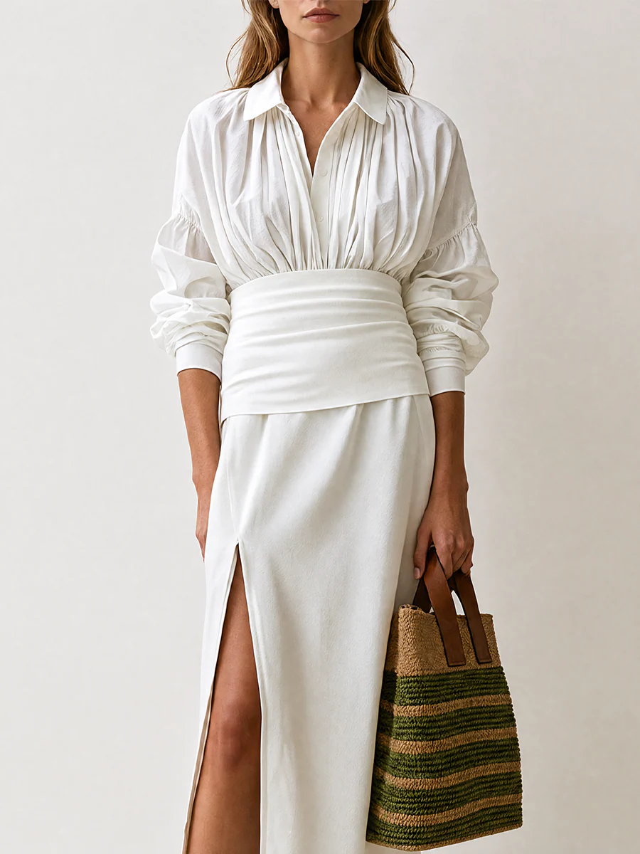 Elegant Long Sleeve Blouse With High-Slit Sarong Wrap Skirt Set - Image 2