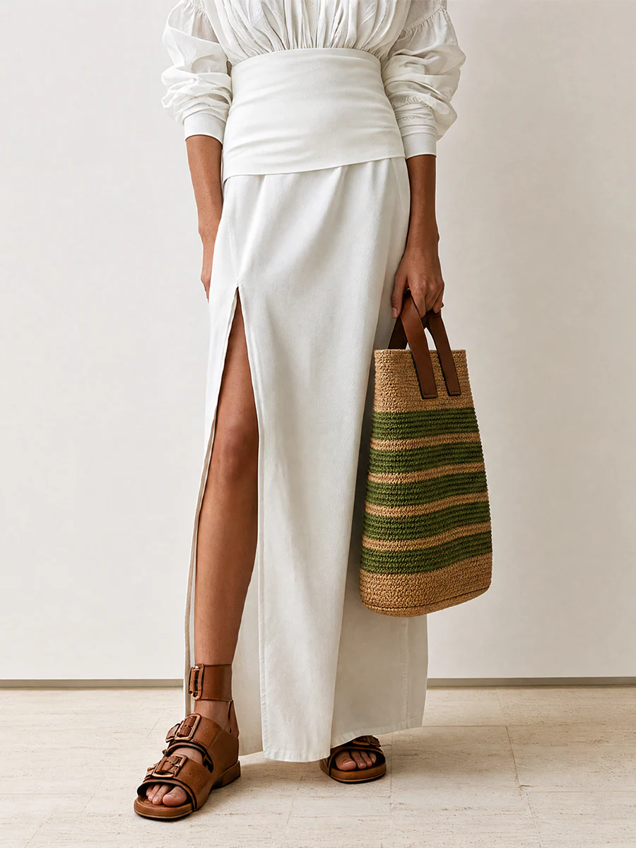Elegant Long Sleeve Blouse With High-Slit Sarong Wrap Skirt Set - Image 3
