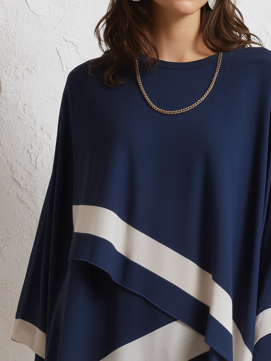 Elegant Navy Colorblock Asymmetric Tunic Top - Image 2