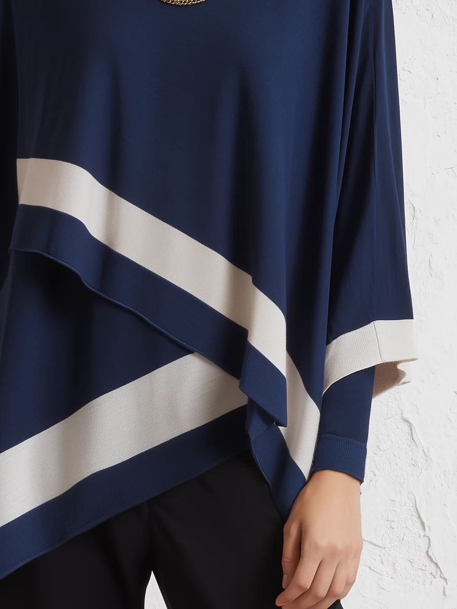 Elegant Navy Colorblock Asymmetric Tunic Top - Image 3