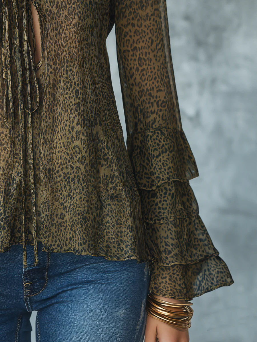 Elegant Olive Leopard Ruffle Sleeve Blouse - Image 3