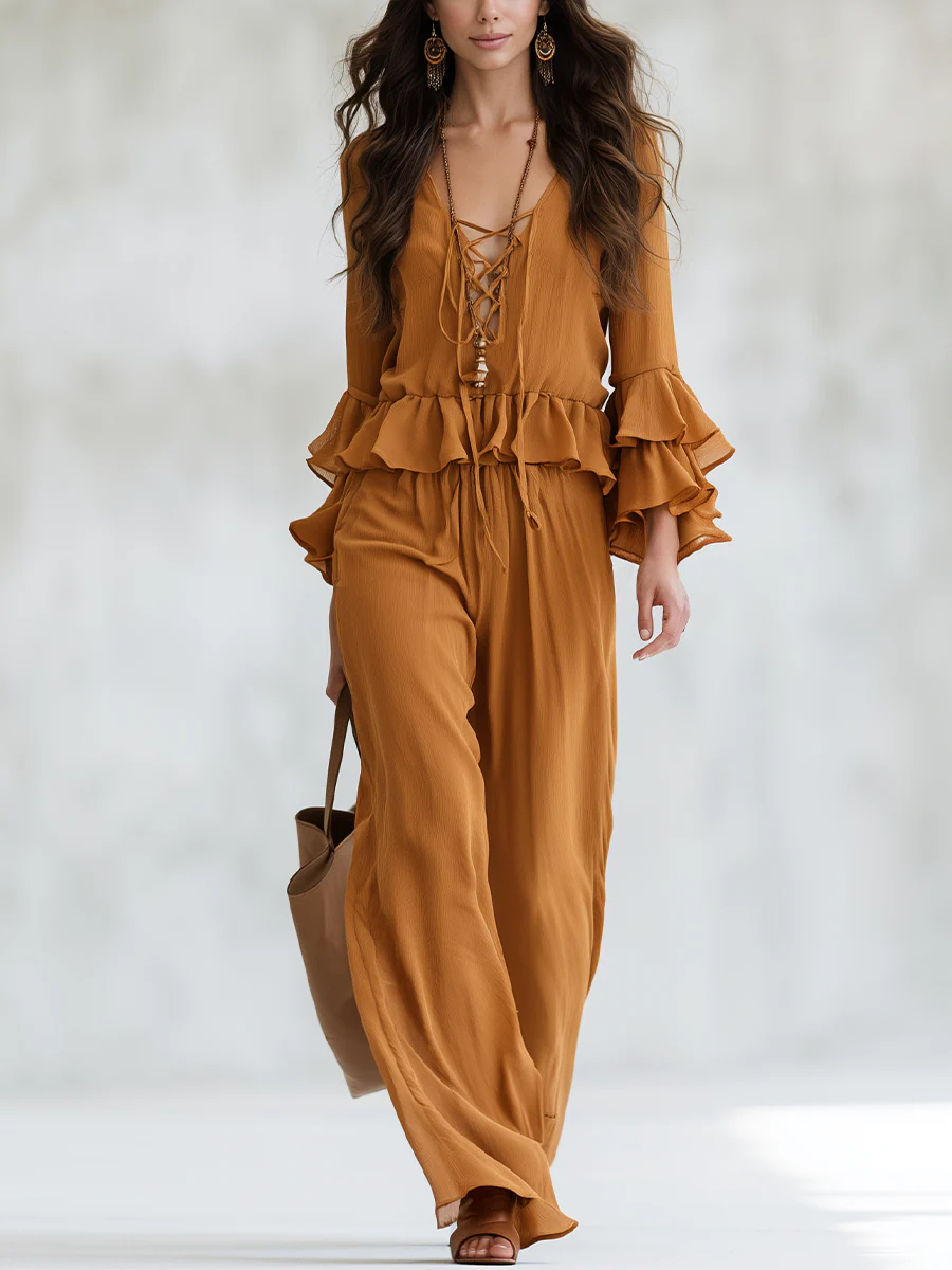 Elegant Orange Lace-Up Ruffle Blouse & Pants Set