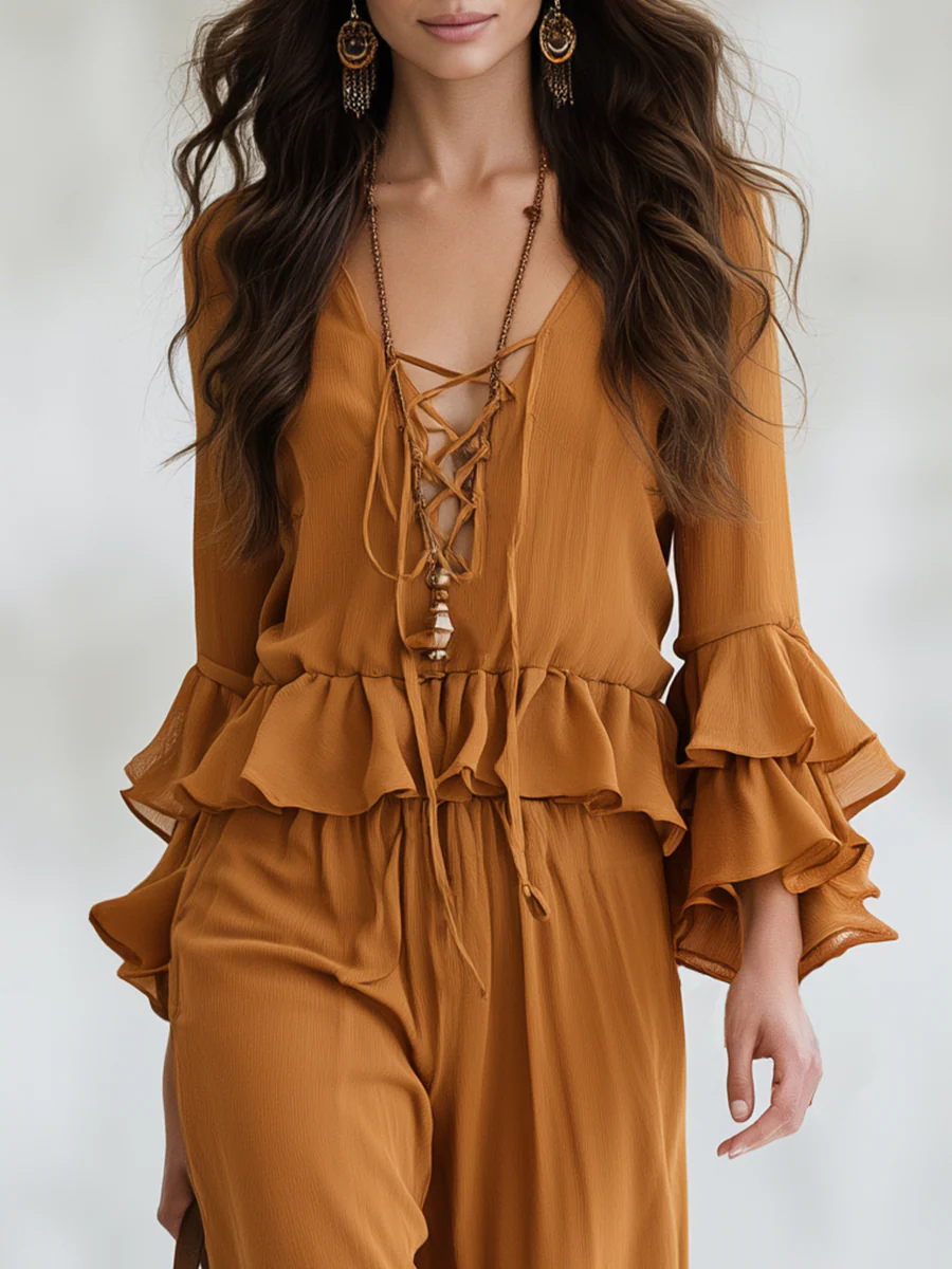 Elegant Orange Lace-Up Ruffle Blouse & Pants Set - Image 2