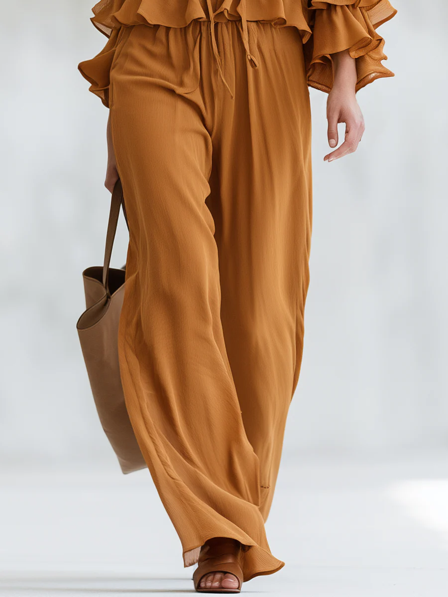 Elegant Orange Lace-Up Ruffle Blouse & Pants Set - Image 3