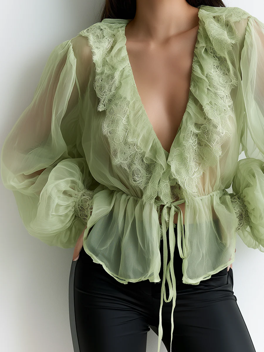 Elegant Organza Deep V-Neck Ruffled Slimming Top - Image 2
