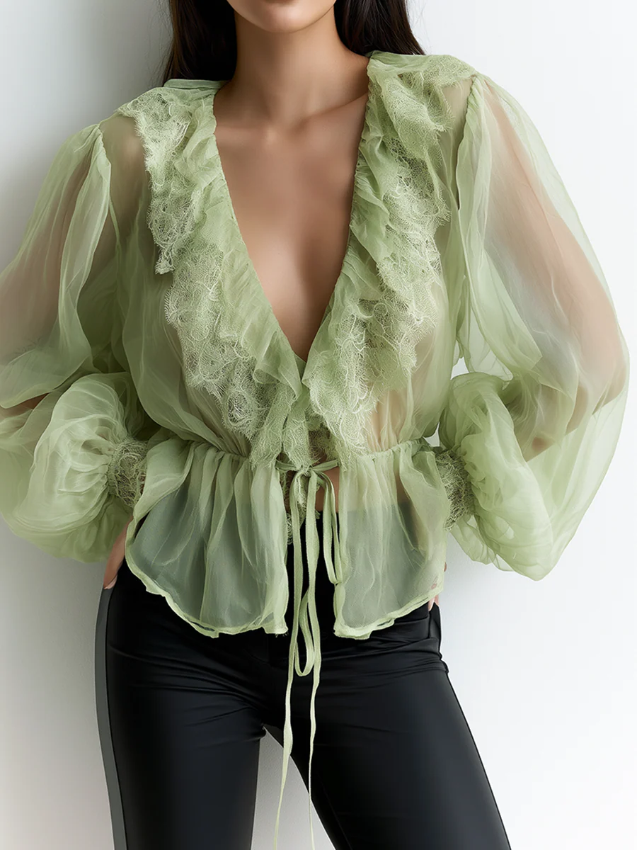 Elegant Organza Deep V-Neck Ruffled Slimming Top - Image 3