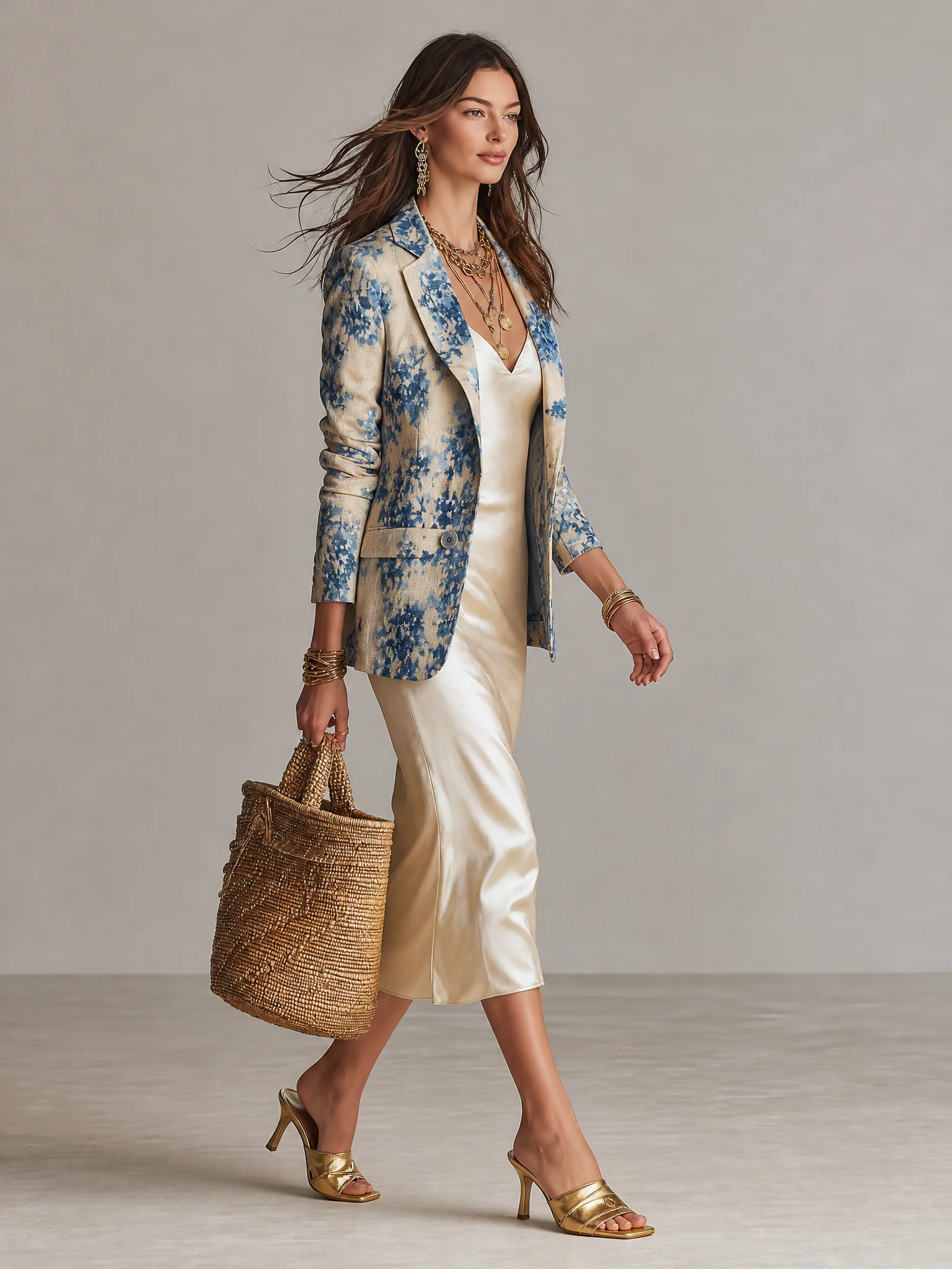 Elegant Resort Blue Floral Linen Blazer & Champagne Satin Slip Dress Set - Image 5