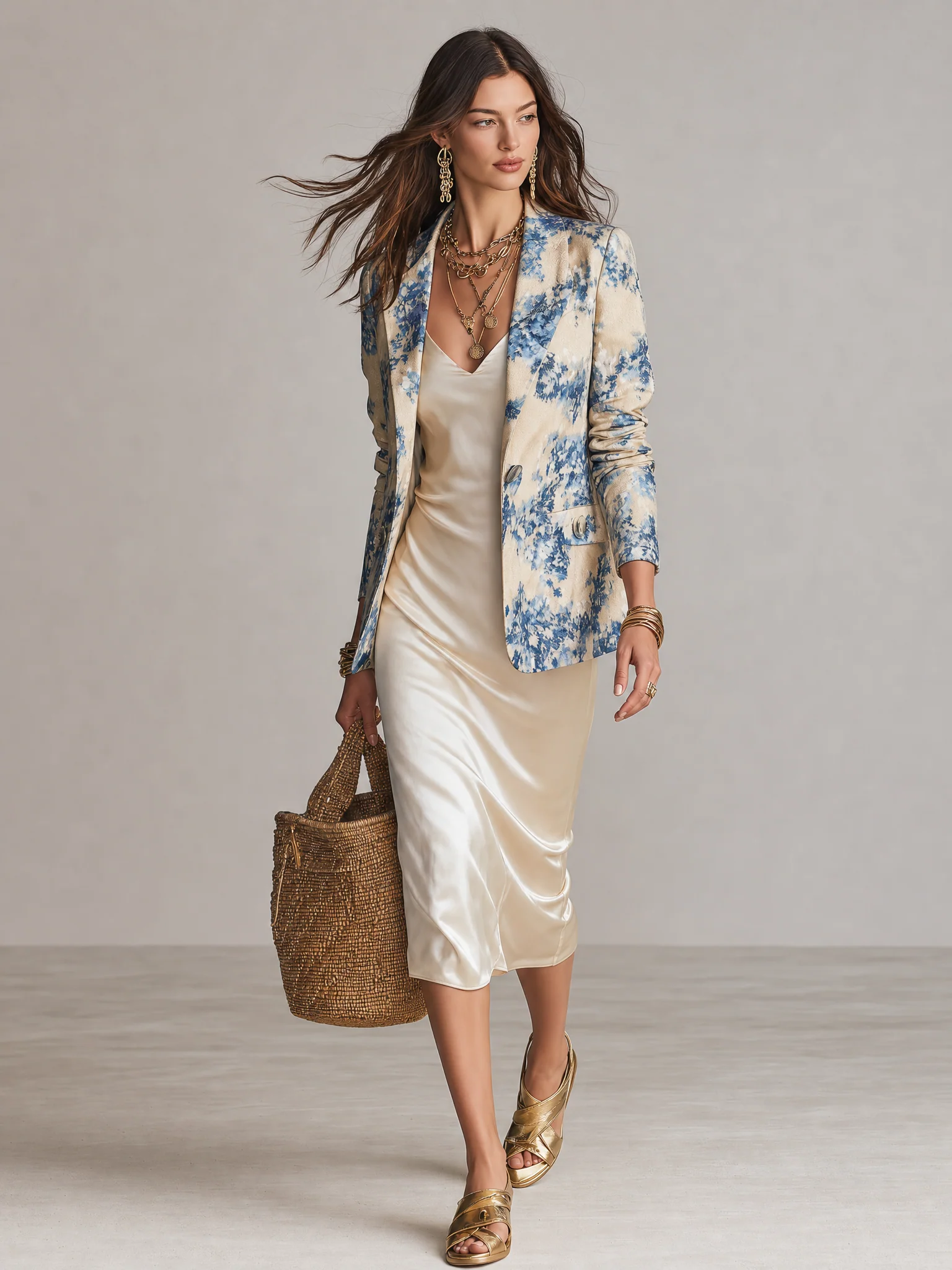 Elegant Resort Blue Floral Linen Blazer & Champagne Satin Slip Dress Set - Image 6