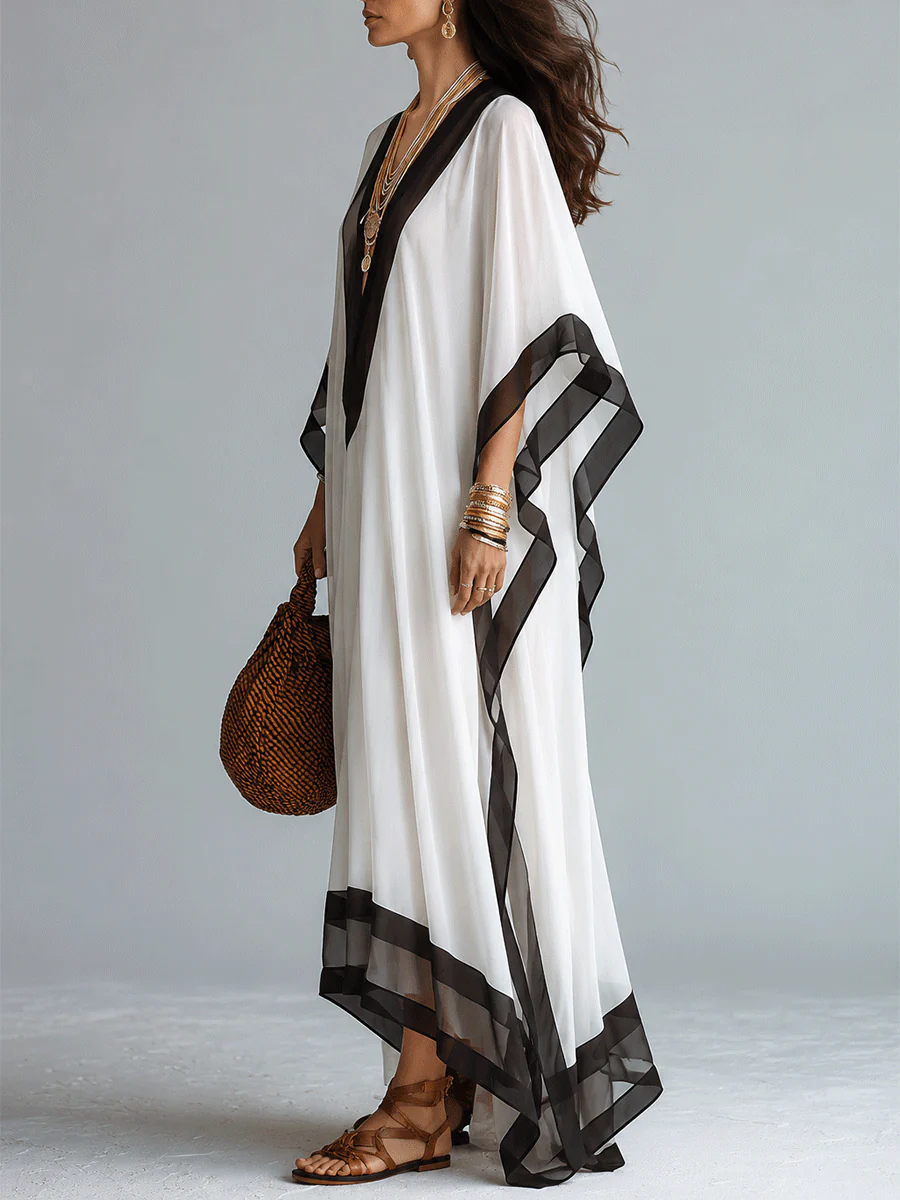 Elegant Resort Chiffon Contrast-Trim V-Neck White Kaftan Maxi Dress - Image 2