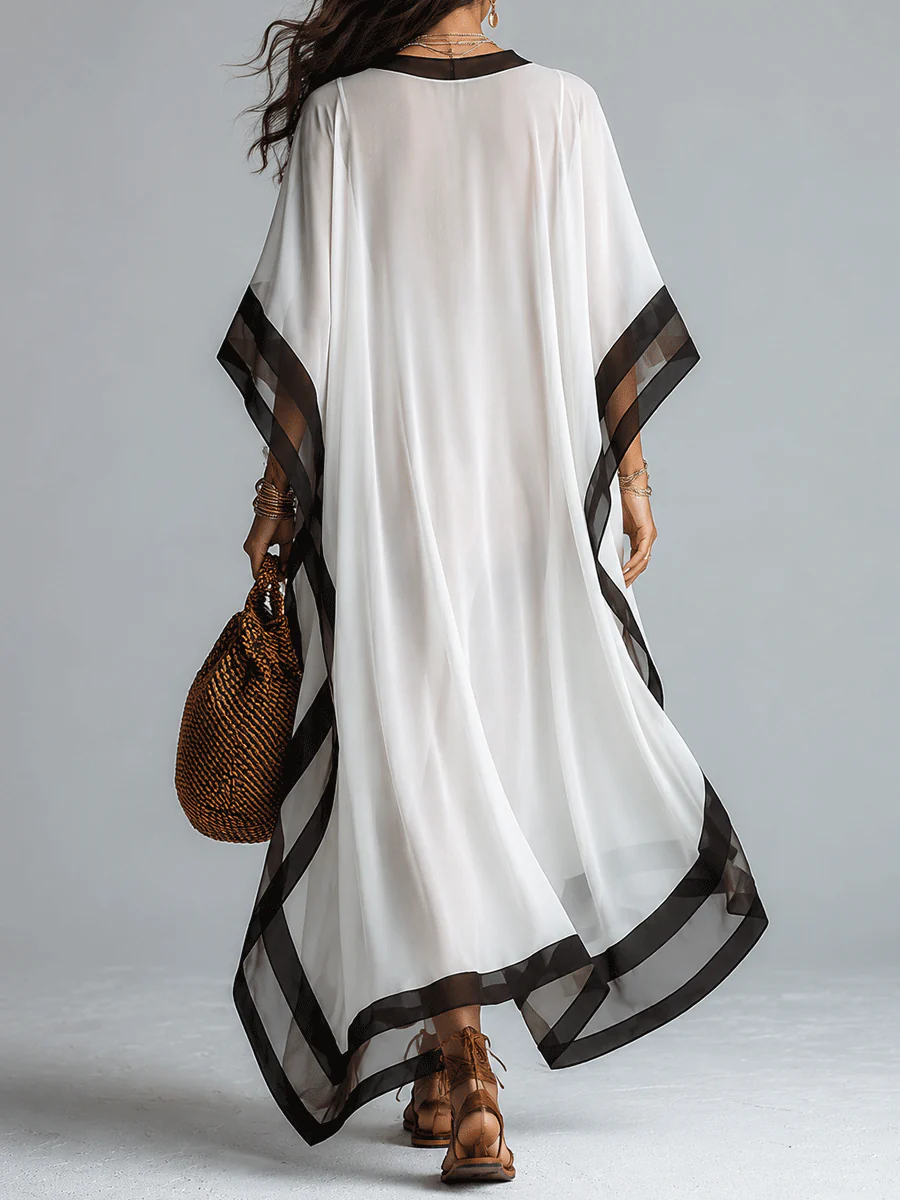 Elegant Resort Chiffon Contrast-Trim V-Neck White Kaftan Maxi Dress - Image 3