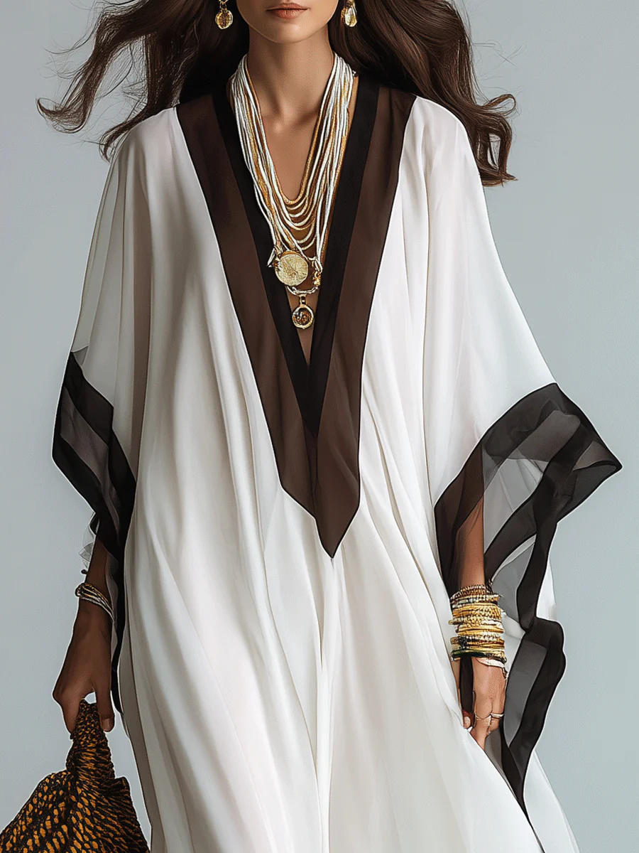 Elegant Resort Chiffon Contrast-Trim V-Neck White Kaftan Maxi Dress - Image 4