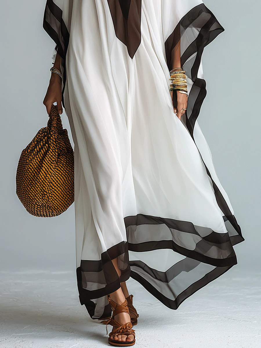 Elegant Resort Chiffon Contrast-Trim V-Neck White Kaftan Maxi Dress - Image 5