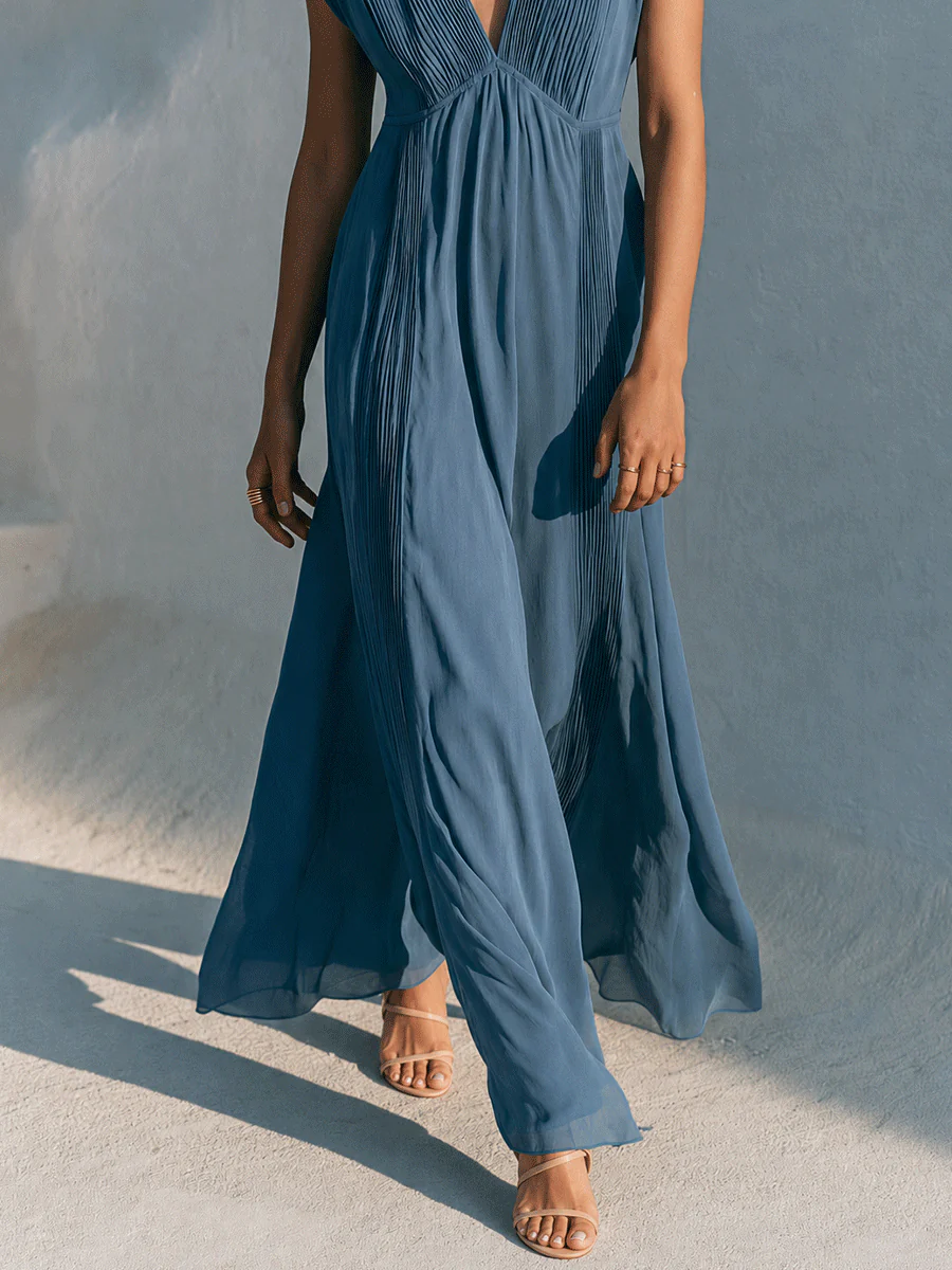 Elegant Resort Chiffon Pleated Deep-V Flowy Dusty Blue Maxi Dress - Image 4