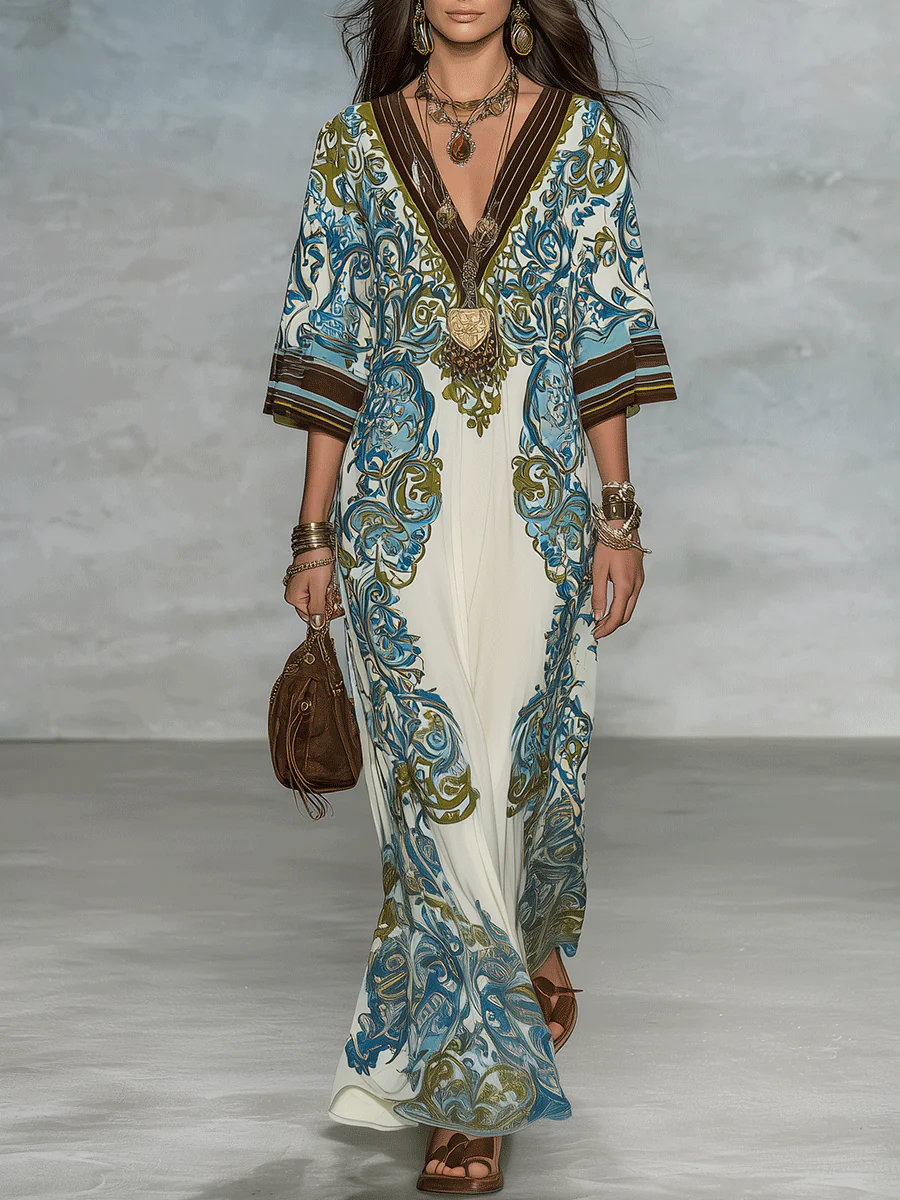 Elegant Resort Flowy Baroque-Print Deep-V Blue & Gold Maxi Dress