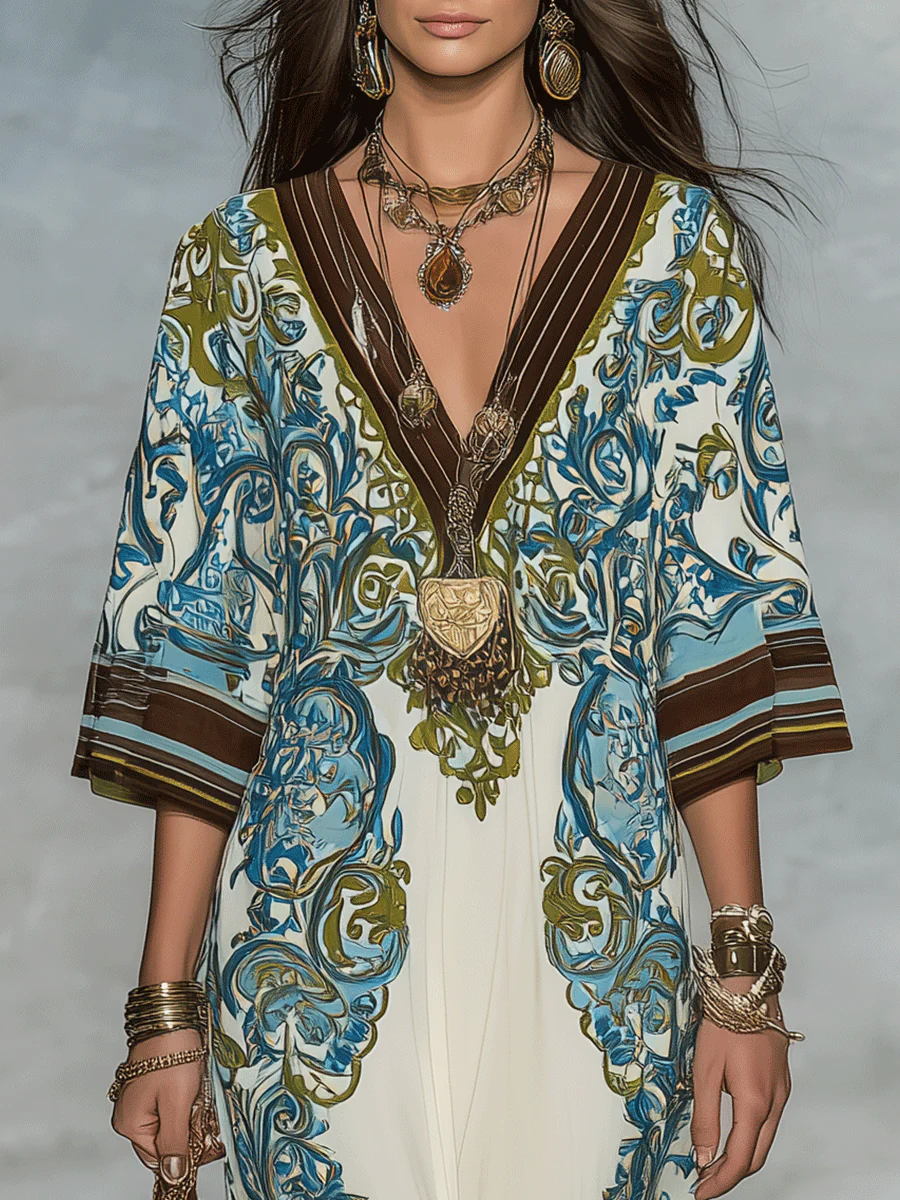 Elegant Resort Flowy Baroque-Print Deep-V Blue & Gold Maxi Dress - Image 2