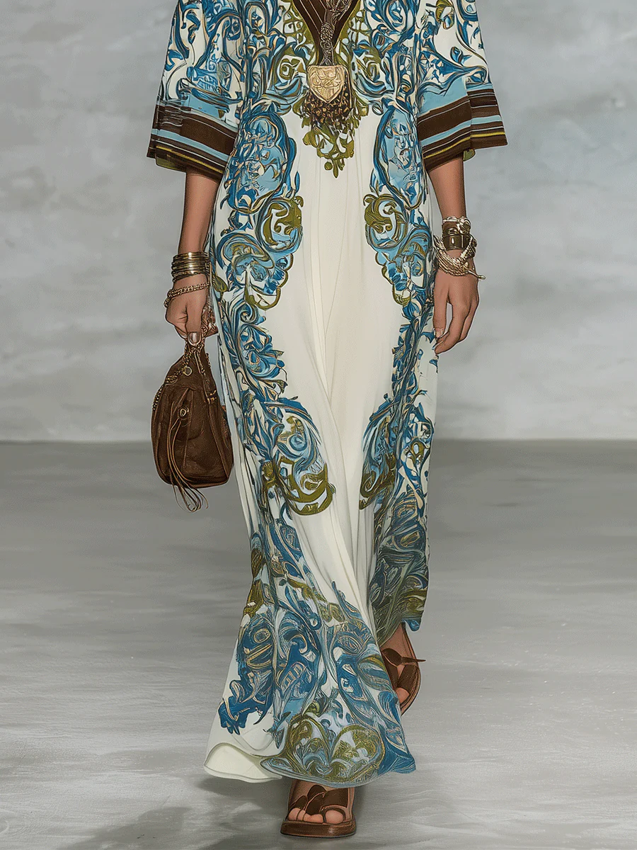 Elegant Resort Flowy Baroque-Print Deep-V Blue & Gold Maxi Dress - Image 3