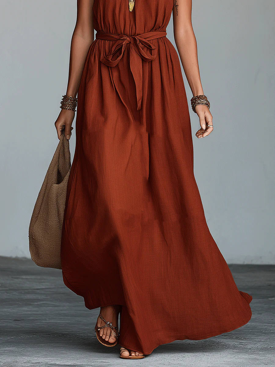 Elegant Resort Linen Sleeveless Tie-Waist Terracotta Maxi Dress - Image 3