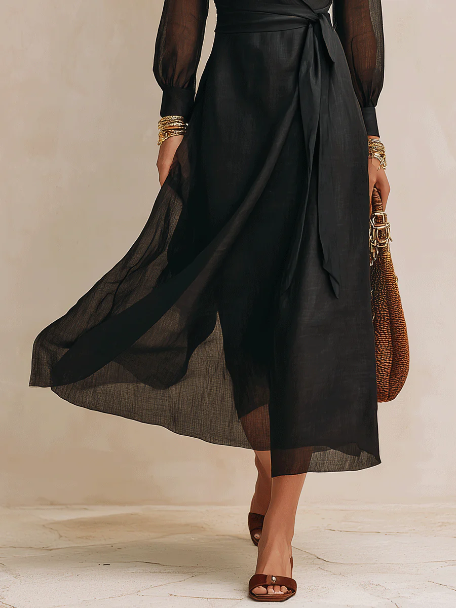 Elegant Resort Sheer Long-Sleeve Surplice Belted Black Maxi Dress - Image 2