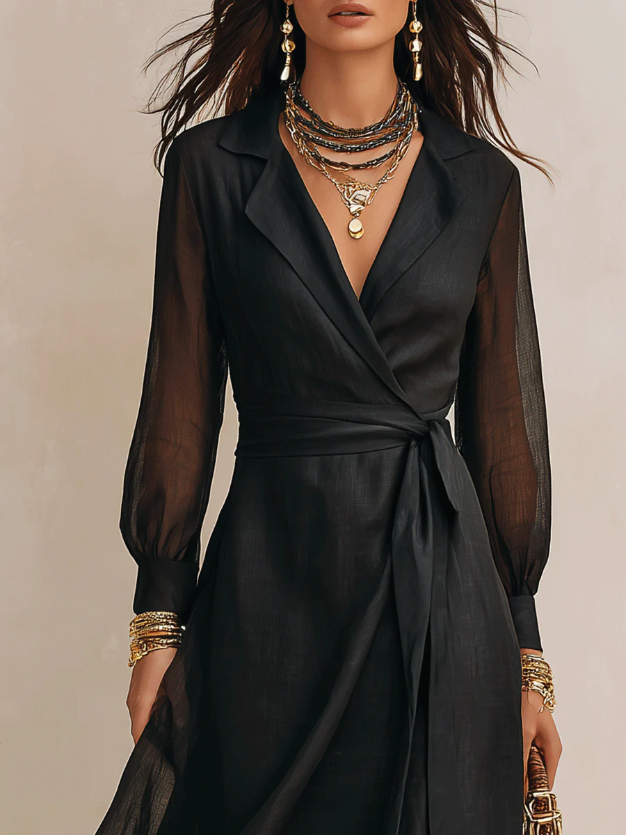 Elegant Resort Sheer Long-Sleeve Surplice Belted Black Maxi Dress - Image 3