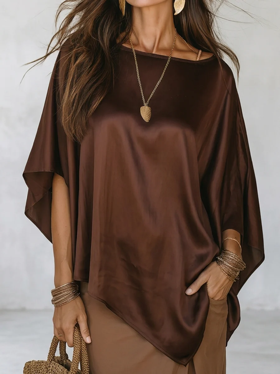 Elegant Silky Cape Sleeve Asymmetric Hem Loose Top - Image 2
