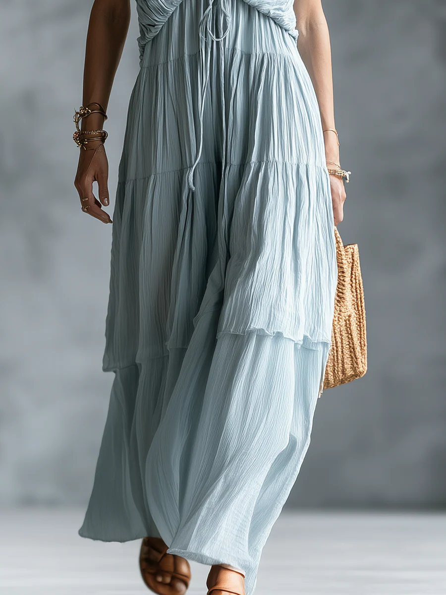 Elegant Sky Blue Ruched Tiered Maxi Dress - Image 3