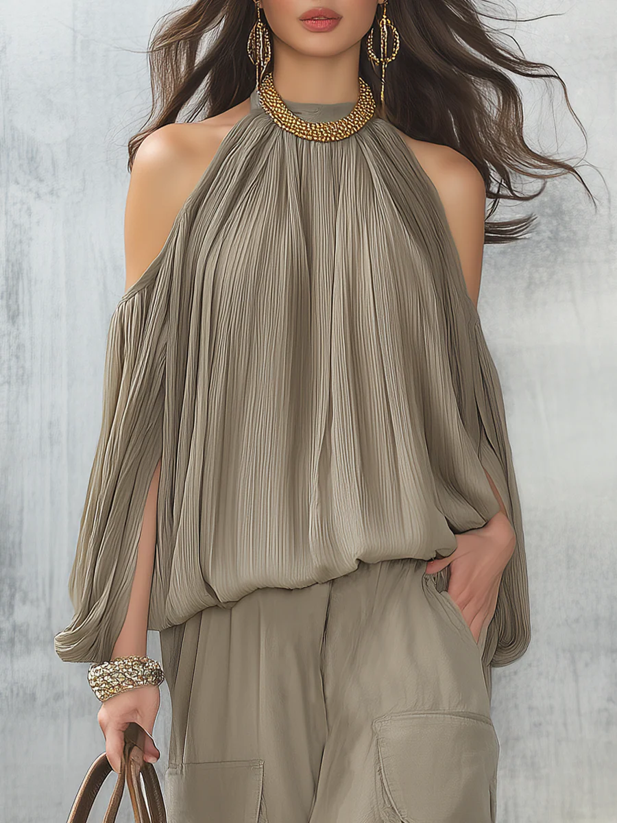 Elegant Taupe Pleated Cold Blouse & Shorts Set - Image 2