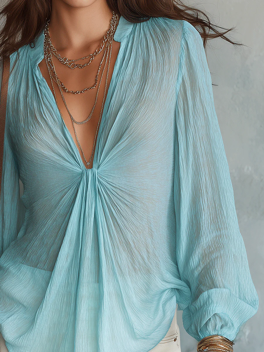 Elegant Vacation Aqua Blue Twist Front Sheer Blouse - Image 3