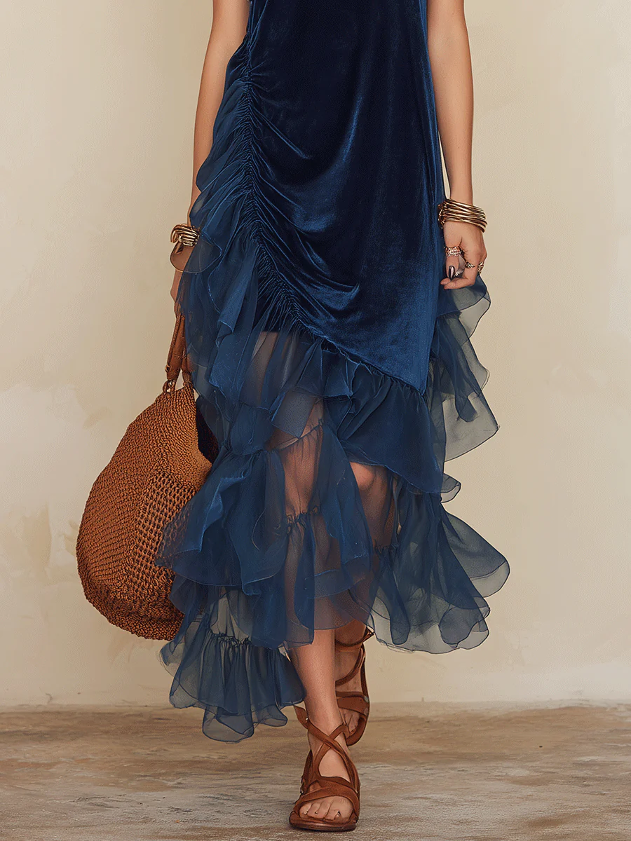 Elegant Vacation Deep Blue Asymmetrical Mesh Hem Maxi Dress - Image 3