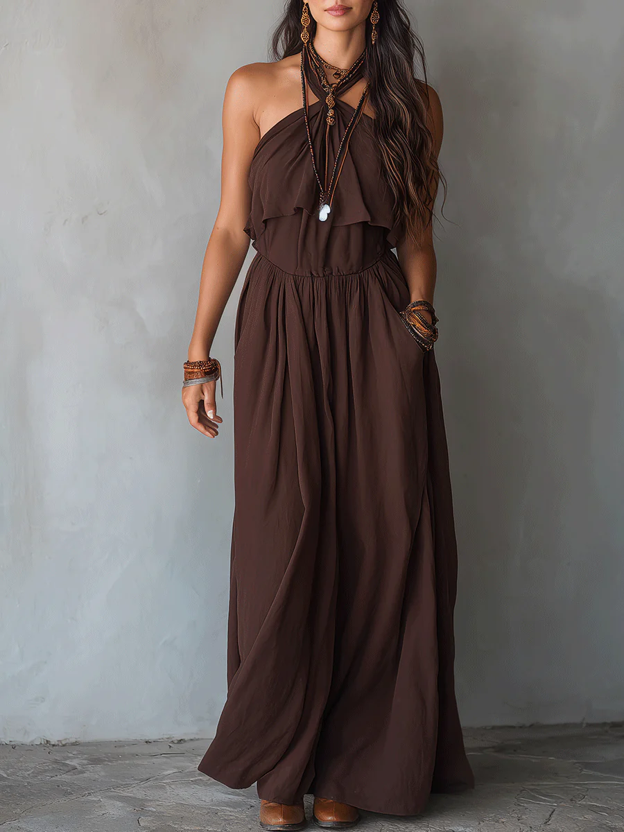 Elegant Vacation Espresso Brown Pleated Halter Maxi Dress