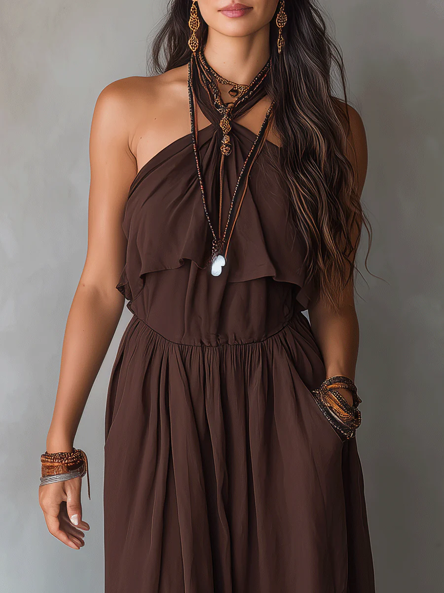 Elegant Vacation Espresso Brown Pleated Halter Maxi Dress - Image 2