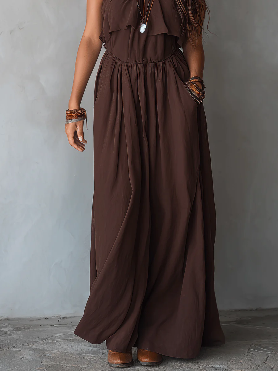 Elegant Vacation Espresso Brown Pleated Halter Maxi Dress - Image 3