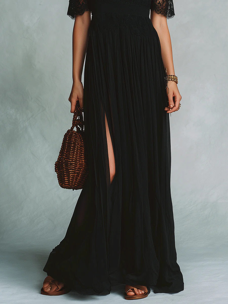 Elegant Vacation Noir Lace Trim Off-Shoulder Boho Maxi Dress - Image 3
