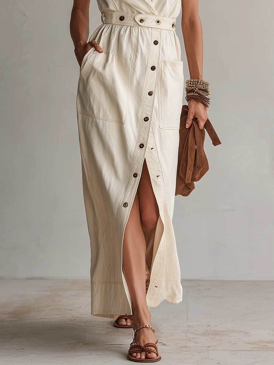 Elegant Vacation Sand Beige Belted Linen Maxi Dress - Image 3