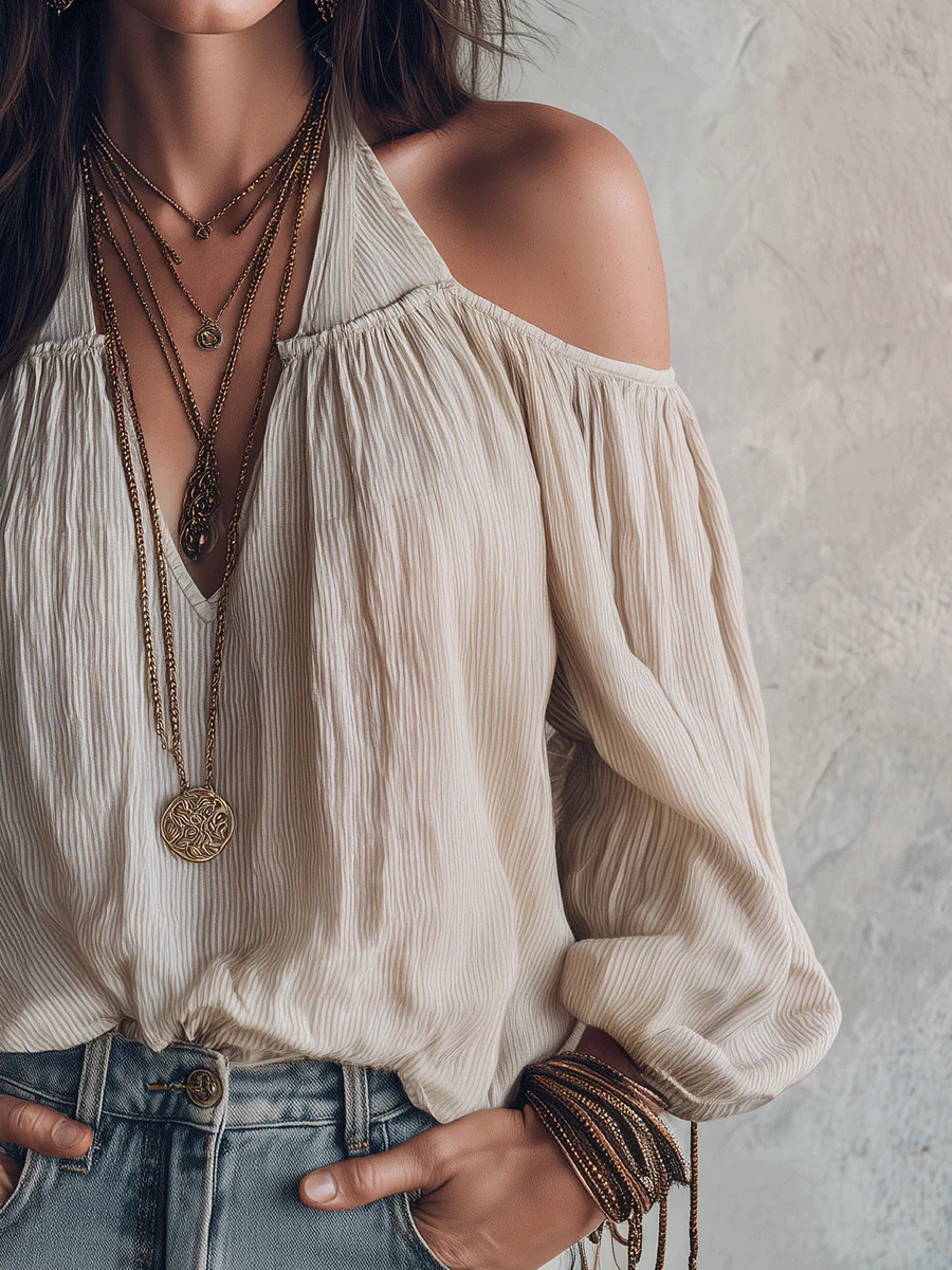 Elegant Vacation Soft Linen Halter Neck Boho Blouse - Image 2