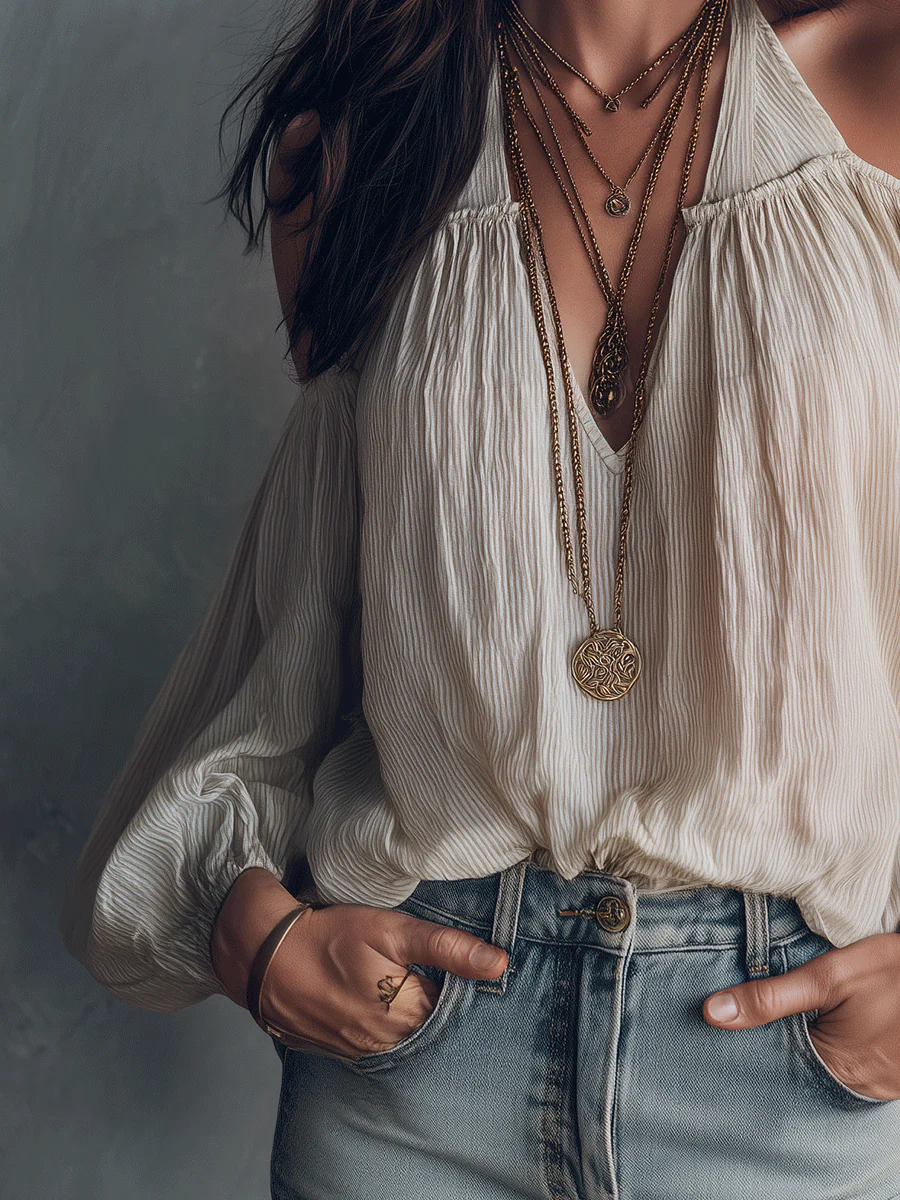 Elegant Vacation Soft Linen Halter Neck Boho Blouse - Image 3