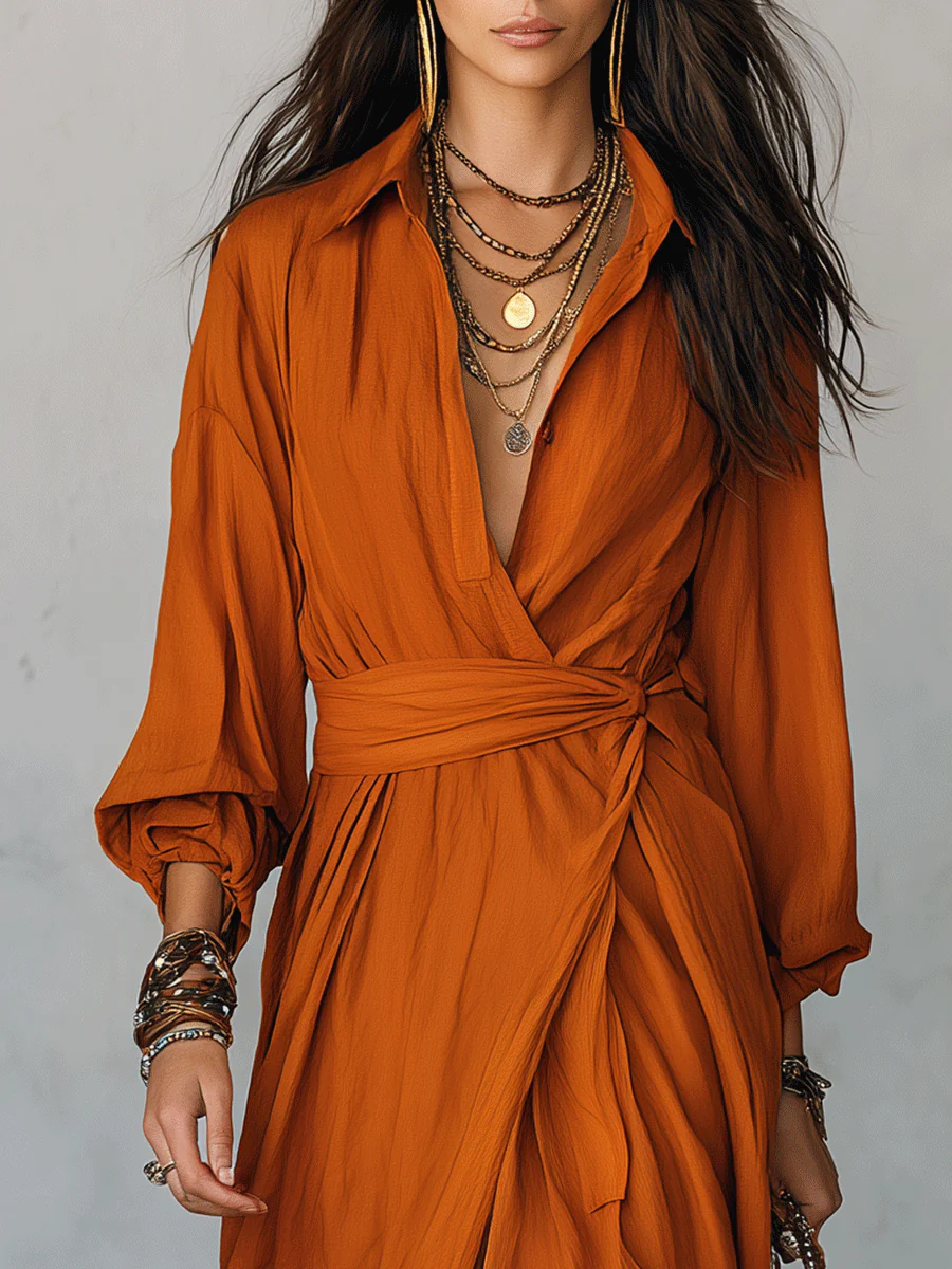Elegant Vacation Terracotta Draped High-Slit Maxi Dress - Image 2