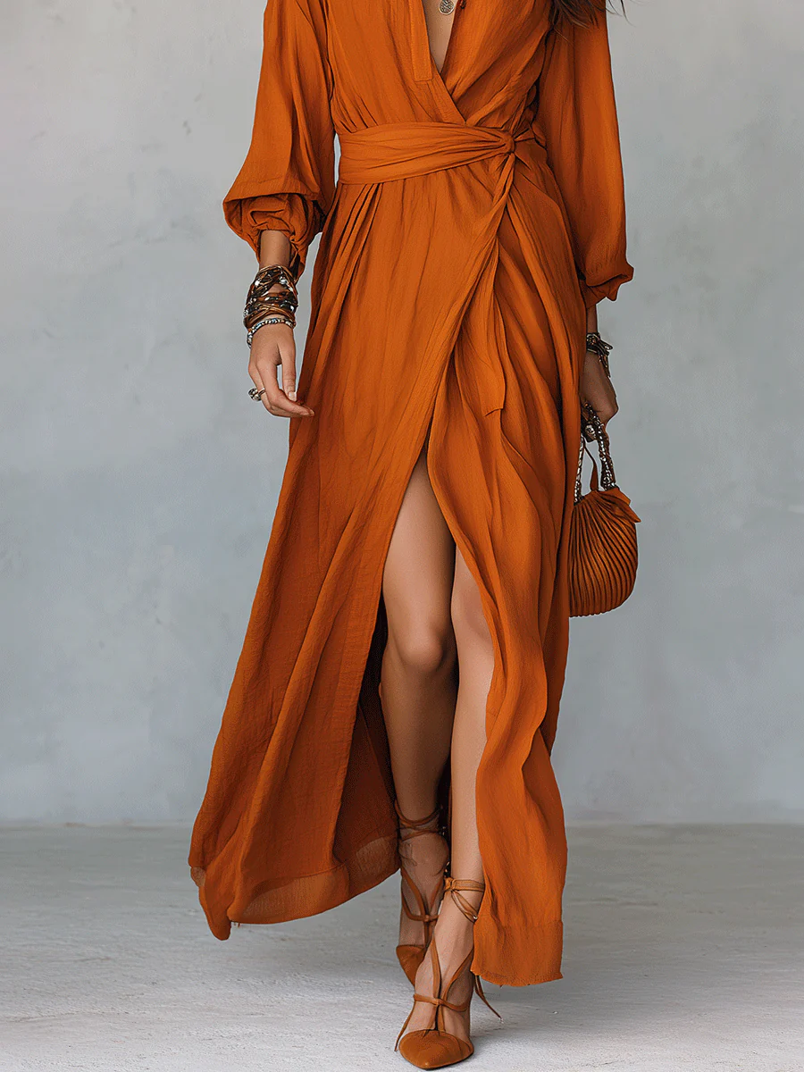 Elegant Vacation Terracotta Draped High-Slit Maxi Dress - Image 3
