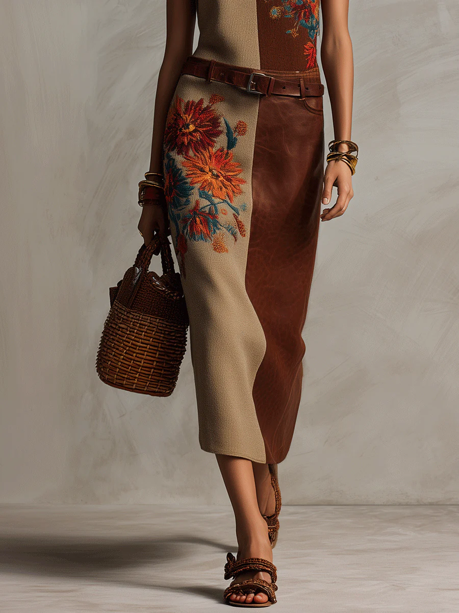 Elegant Vacation Vintage Floral Patchwork Belted Midi Dress - Image 3