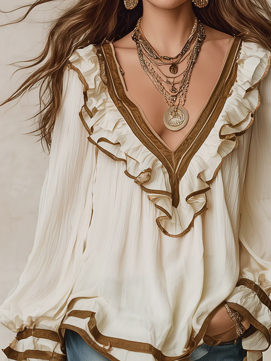 Elegant Vacation Vintage-Inspired Lace Trim Ruffle Blouse - Image 2