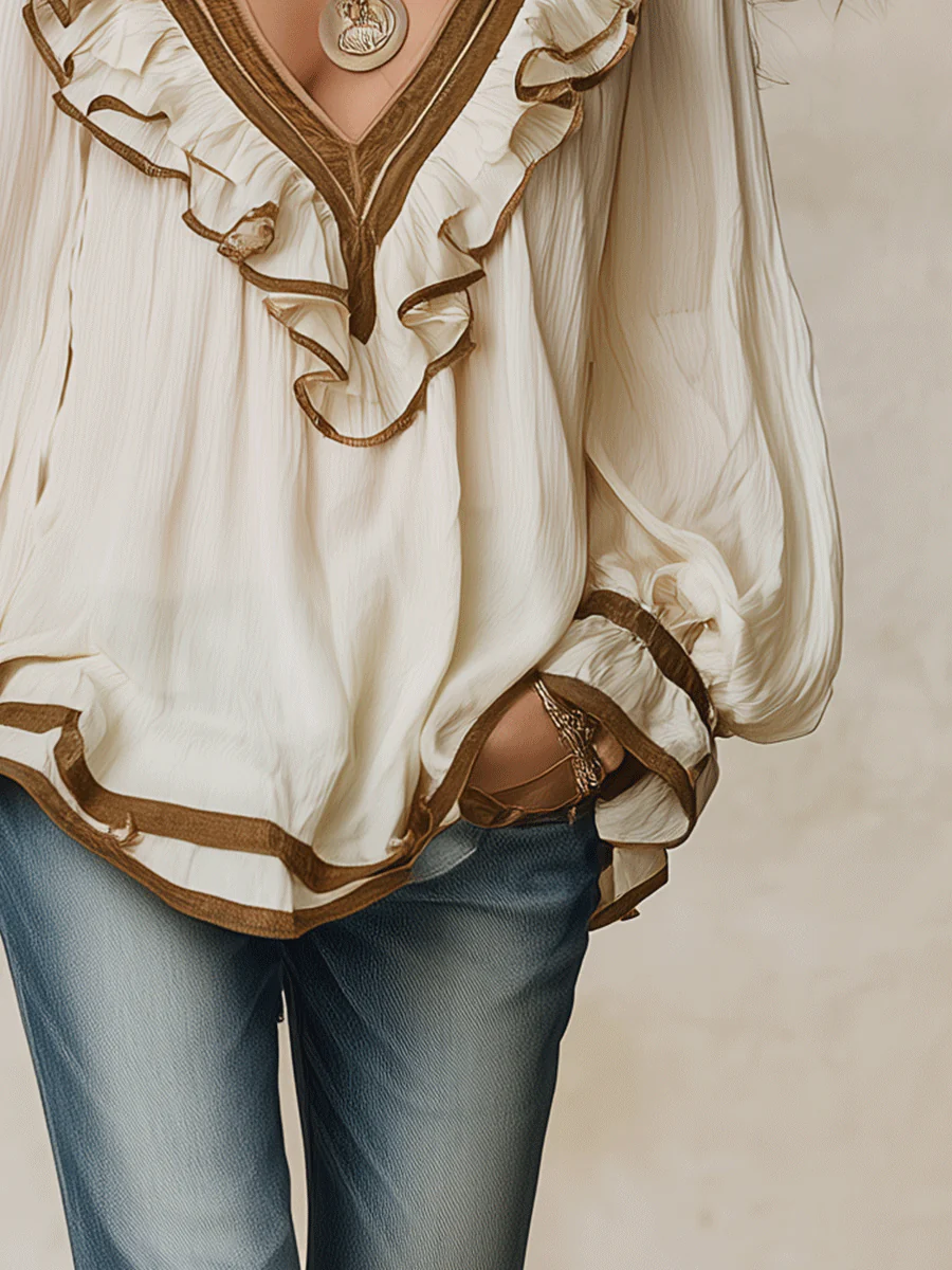 Elegant Vacation Vintage-Inspired Lace Trim Ruffle Blouse - Image 3