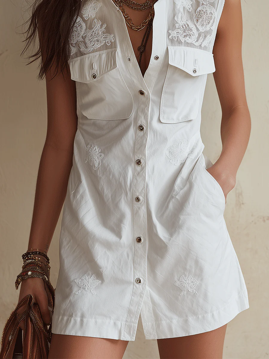 Elegant Vacation White Embroidered Pocket Mini Dress - Image 3