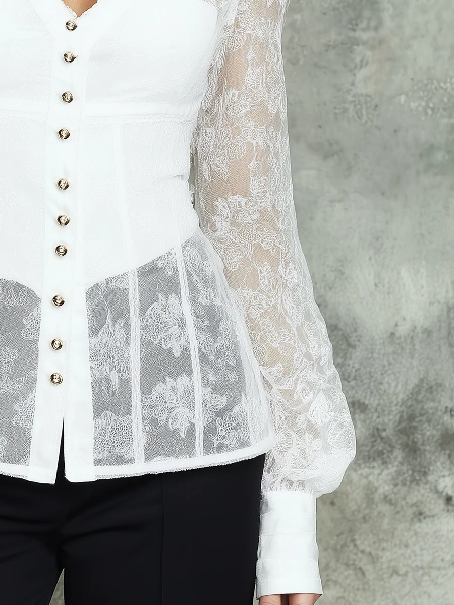 Elegant White Lace Sleeve Button Front Blouse - Image 3