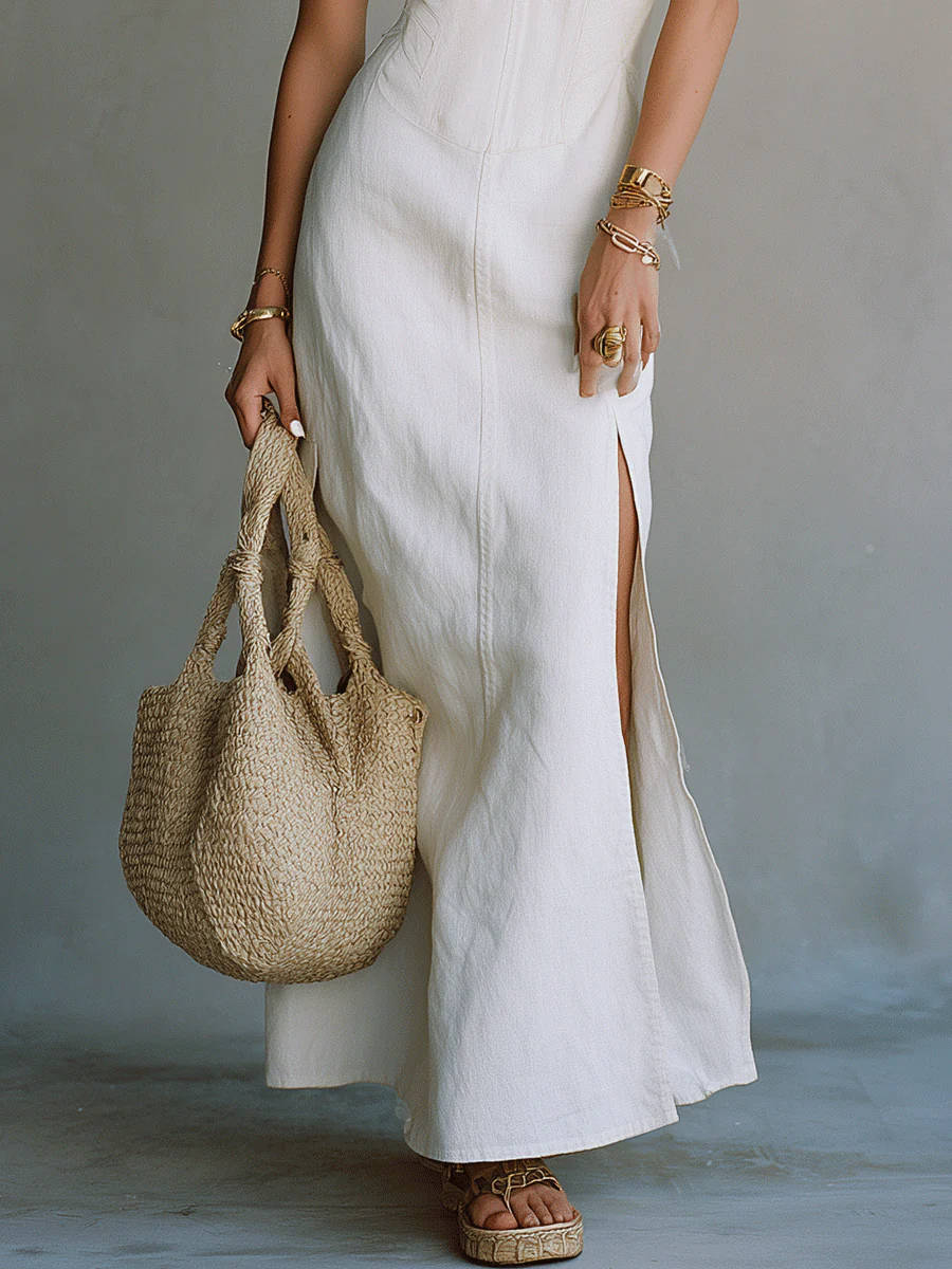 Elegant White Minimal Strappy Slit Maxi Dress - Image 10