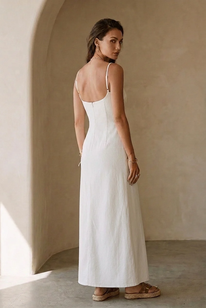 Elegant White Minimal Strappy Slit Maxi Dress - Image 3