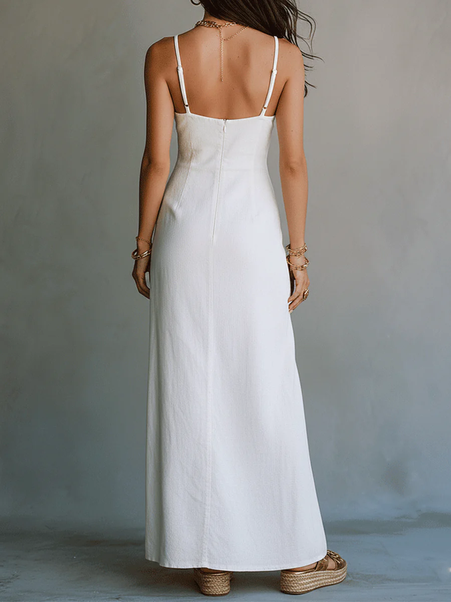 Elegant White Minimal Strappy Slit Maxi Dress - Image 7