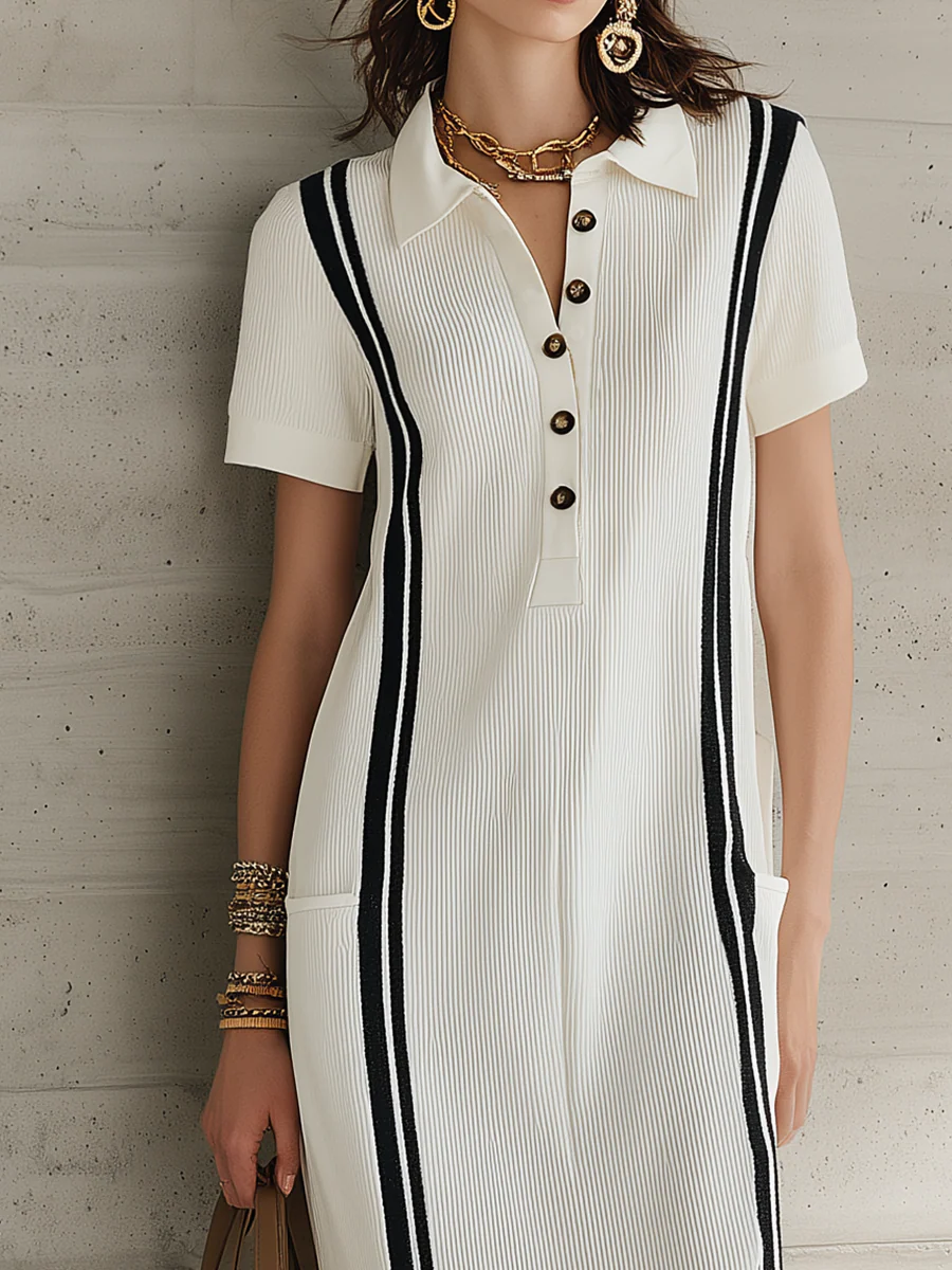 Elegant White Stripe Pleated Polo Maxi Dress - Image 2