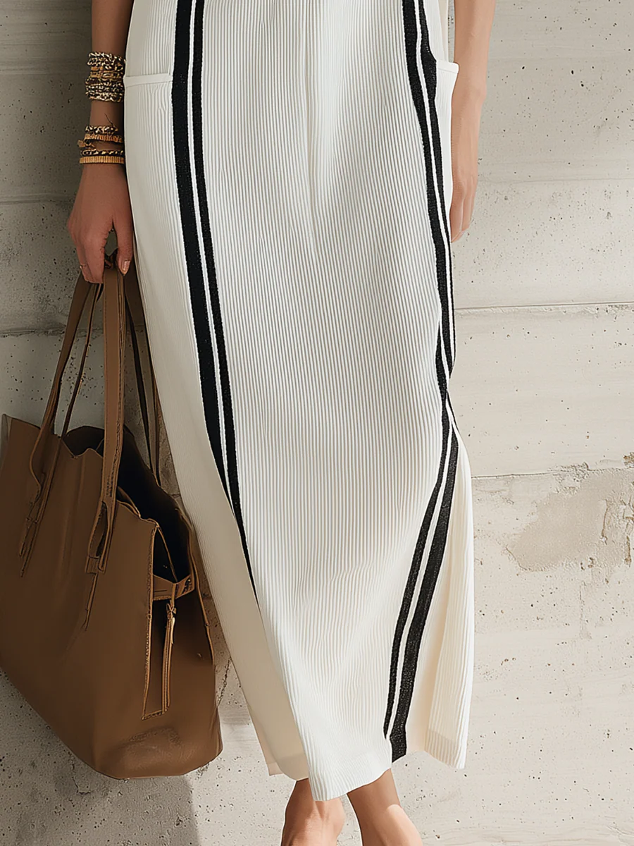 Elegant White Stripe Pleated Polo Maxi Dress - Image 3