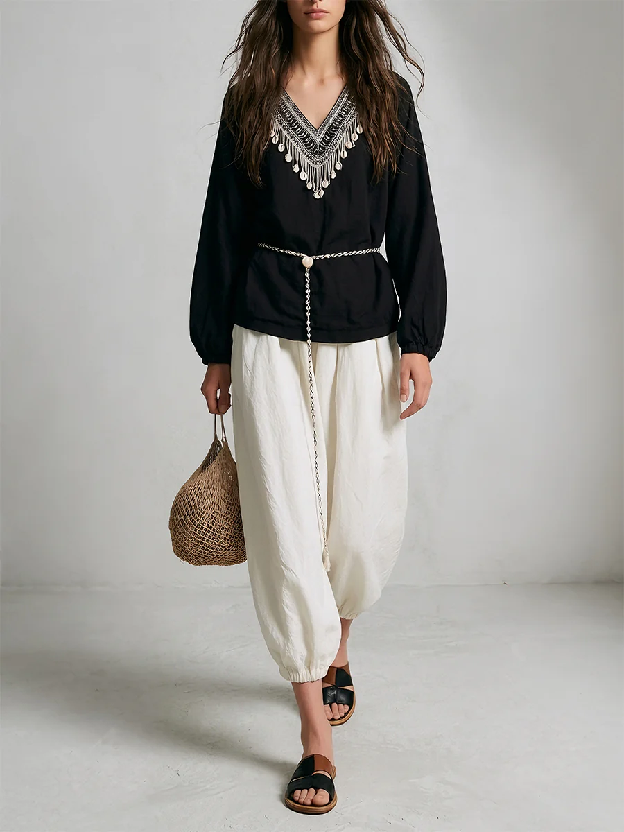 Ethnic Beaded V-Neck Blouse & Cinched-Hem Balloon Pants Set