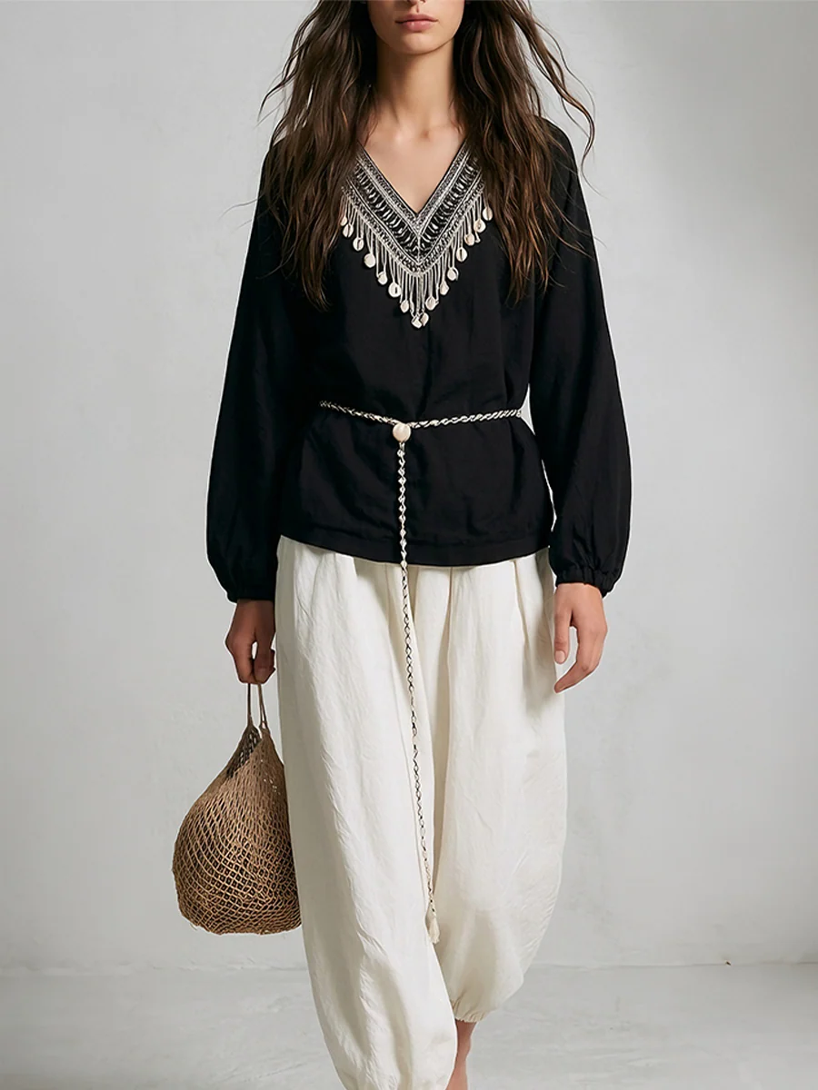 Ethnic Beaded V-Neck Blouse & Cinched-Hem Balloon Pants Set - Image 2